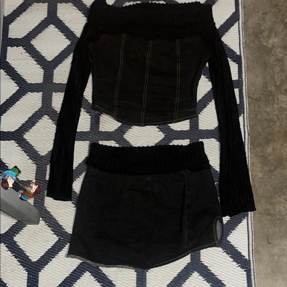 Black 2 piece denim & cashmere Off-Shoulder Skirt Set